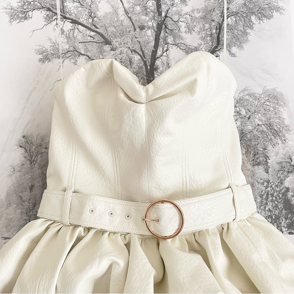 Anthropologie Faux Leather Strapless Mini Dress Ivory Bubble Medium - Picture 8 of 16